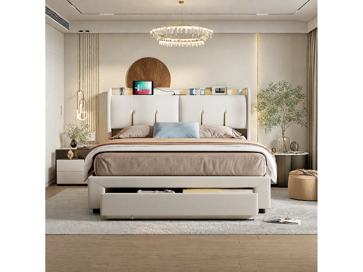 Modernes Samtbezogenes 160x200 CM Aufbewahrungsbett mit LED, USB und hydraulischem Lift - Weiß
