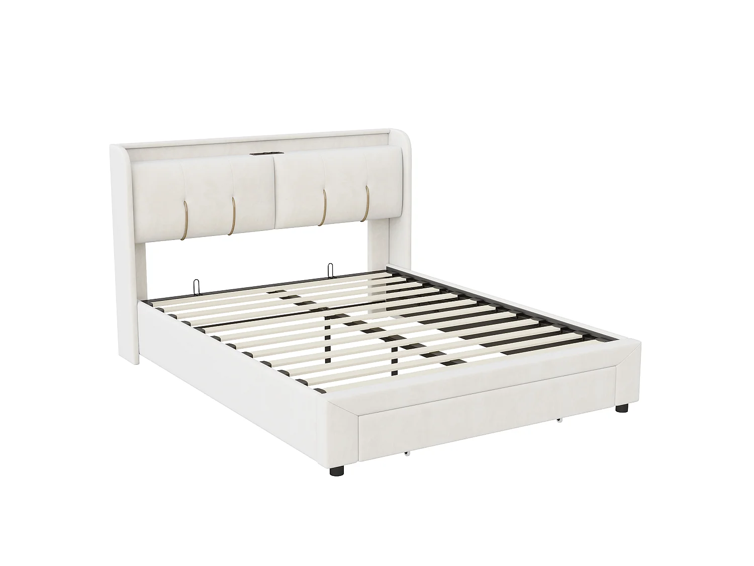 Modernes Samtbezogenes 160x200 CM Aufbewahrungsbett mit LED, USB und hydraulischem Lift - Weiß