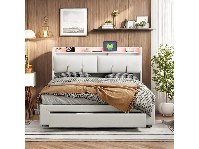 Lit Coffre 160x200 CM avec Sommier, Lit Double avec LED et USB, Lit Hydraulique 160x200 avec Rangement sous le lit et 1 tiroir