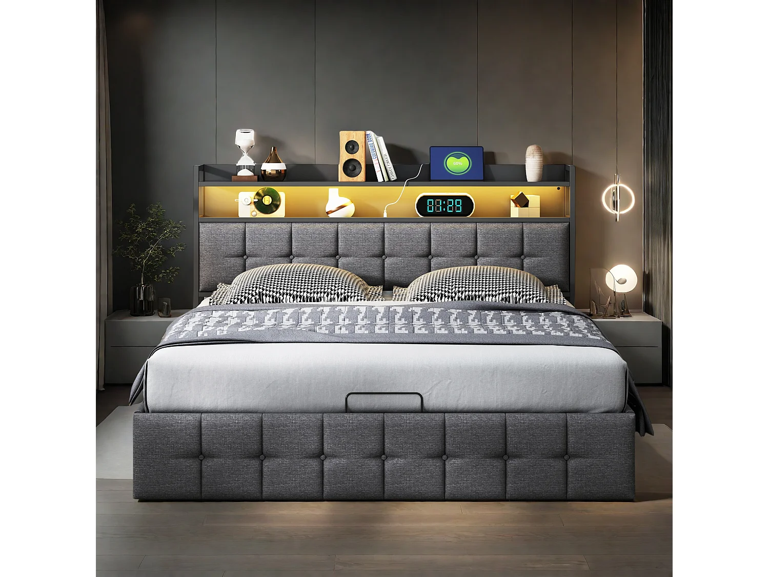 Opbergbed 140x200 cm grijs met LED, hydraulische opbergruimte, multifunctioneel hoofdeinde en lattenbodem – Scandinavische stijl