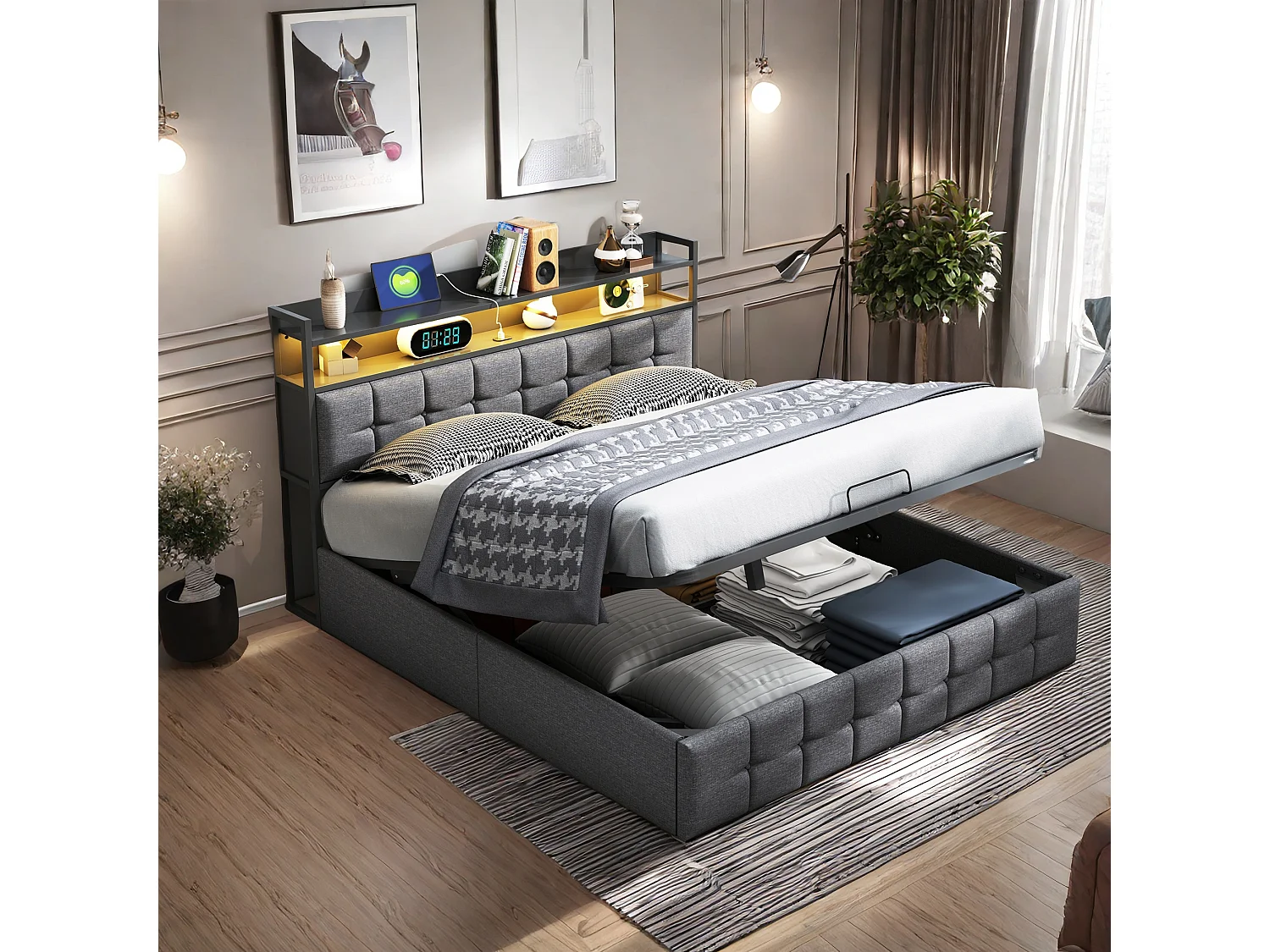 Opbergbed 140x200 cm grijs met LED, hydraulische opbergruimte, multifunctioneel hoofdeinde en lattenbodem – Scandinavische stijl