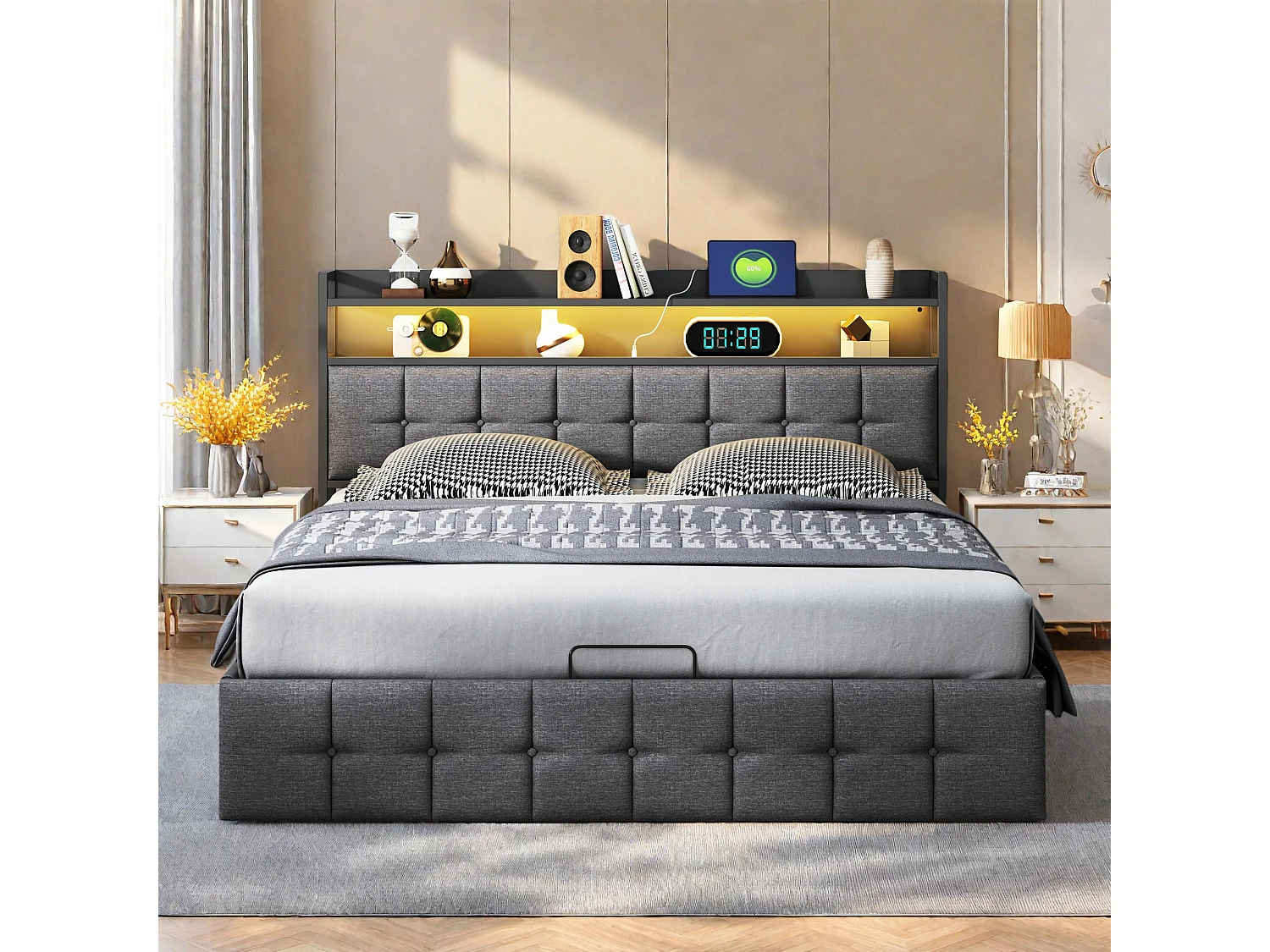 Opbergbed 140x200 cm grijs met LED, hydraulische opbergruimte, multifunctioneel hoofdeinde en lattenbodem – Scandinavische stijl