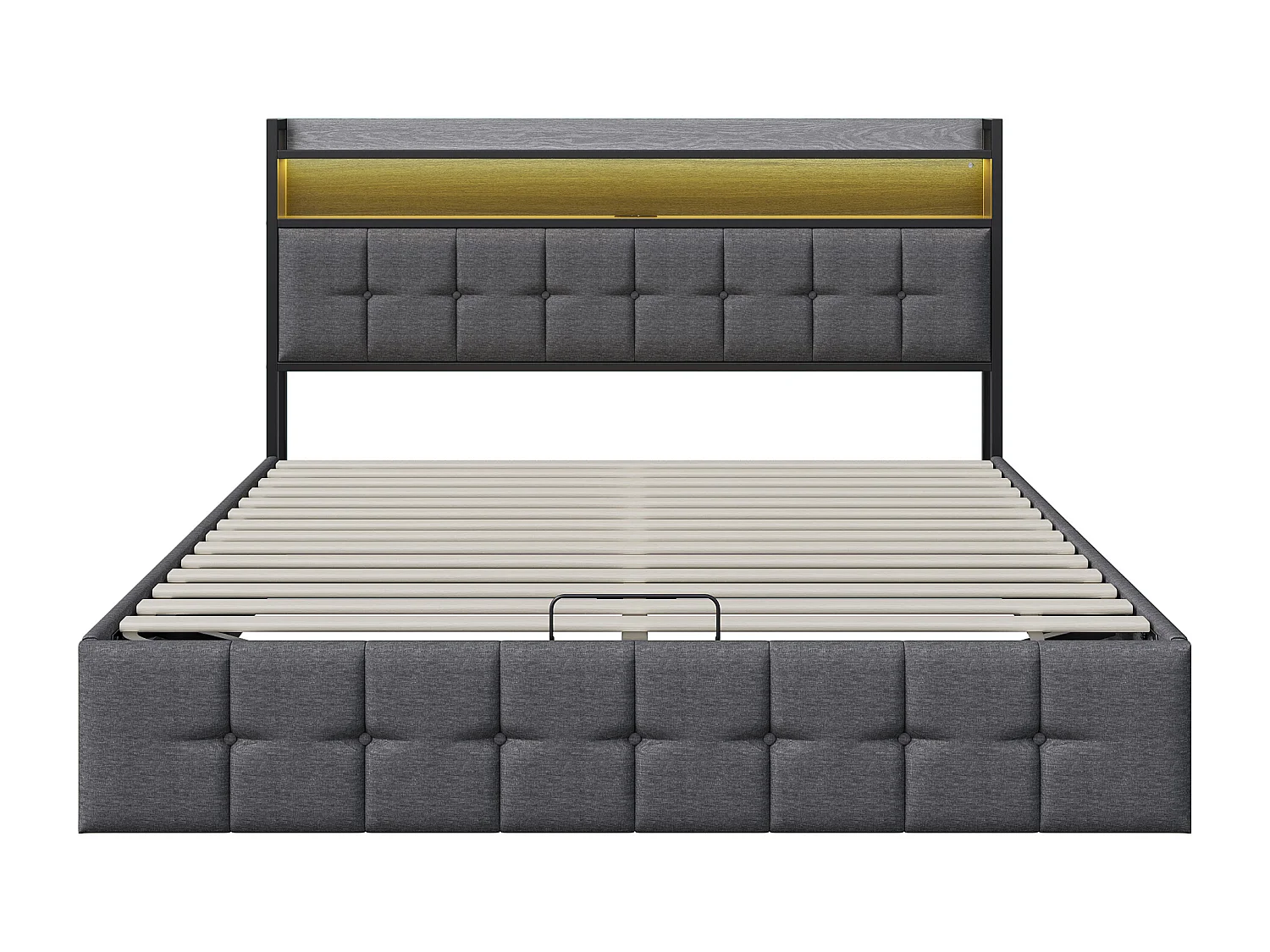 Opbergbed 140x200 cm grijs met LED, hydraulische opbergruimte, multifunctioneel hoofdeinde en lattenbodem – Scandinavische stijl