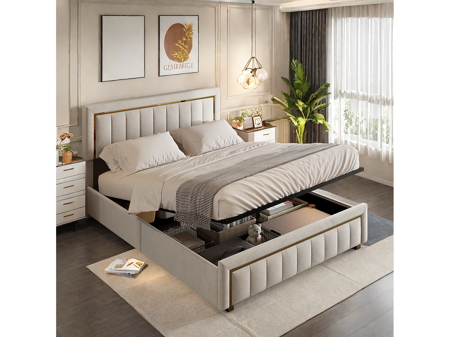 Lit 160x200 cm - Lit 2 personnes - Lit coffre 160x200 cm avec sommier - Tête de lit rembourre - Coffre de rangement - Velours Beige