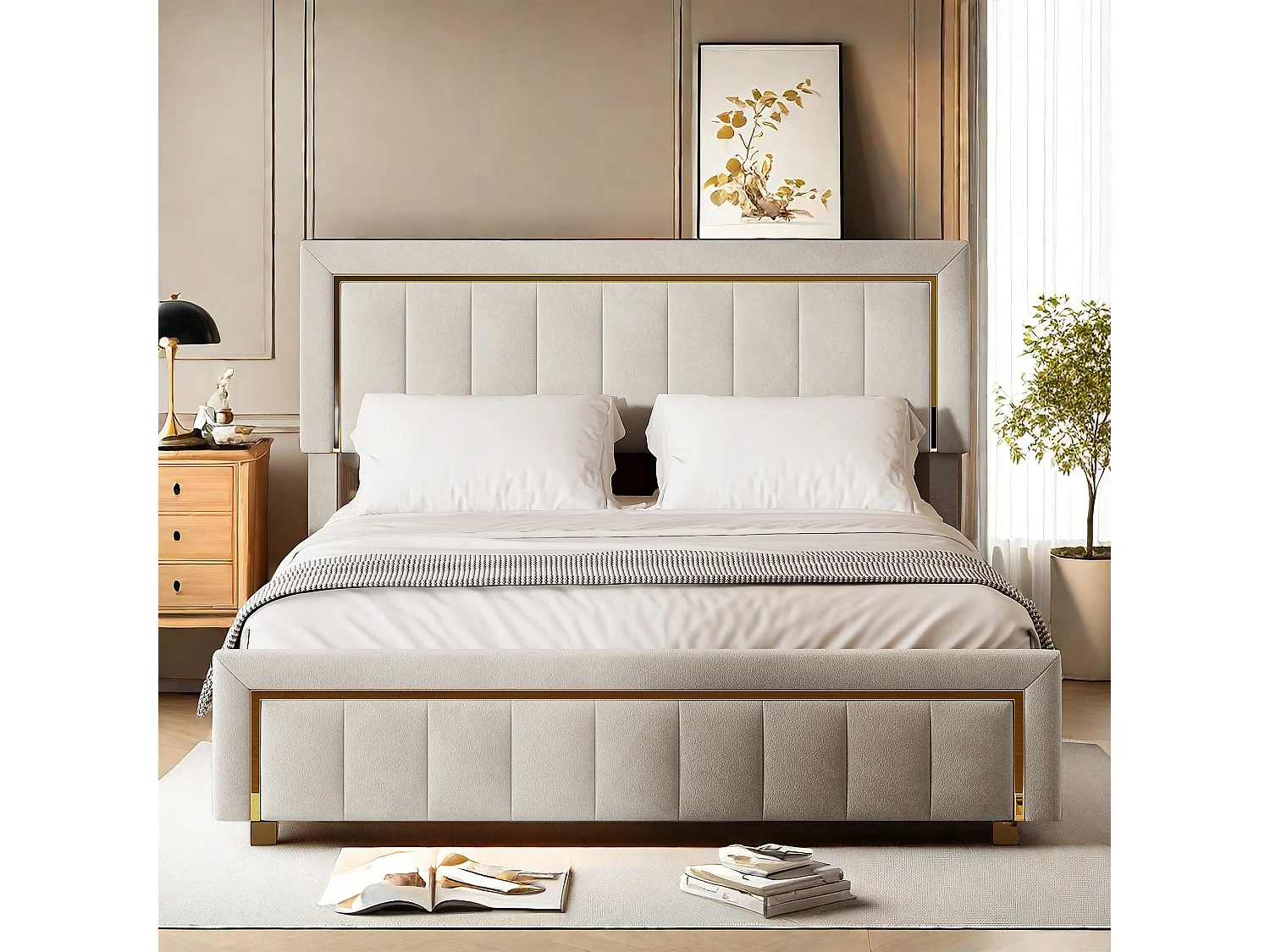 Opbergbed 160x200 cm beige fluweel met lattenbodem, gestoffeerd hoofdbord en gouden metalen frame, Scandinavische stijl