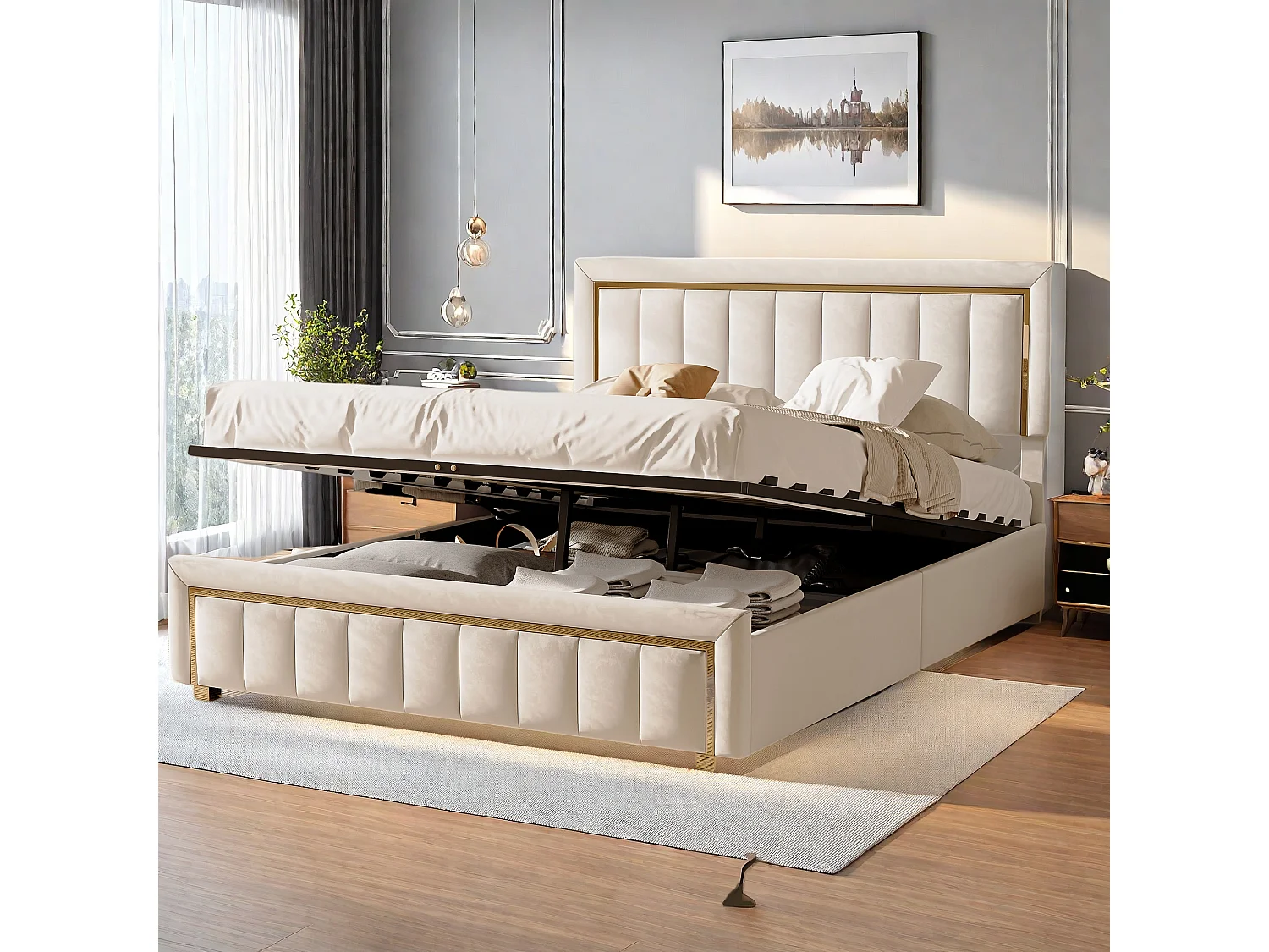 Opbergbed 160x200 cm beige fluweel met lattenbodem, gestoffeerd hoofdbord en gouden metalen frame, Scandinavische stijl