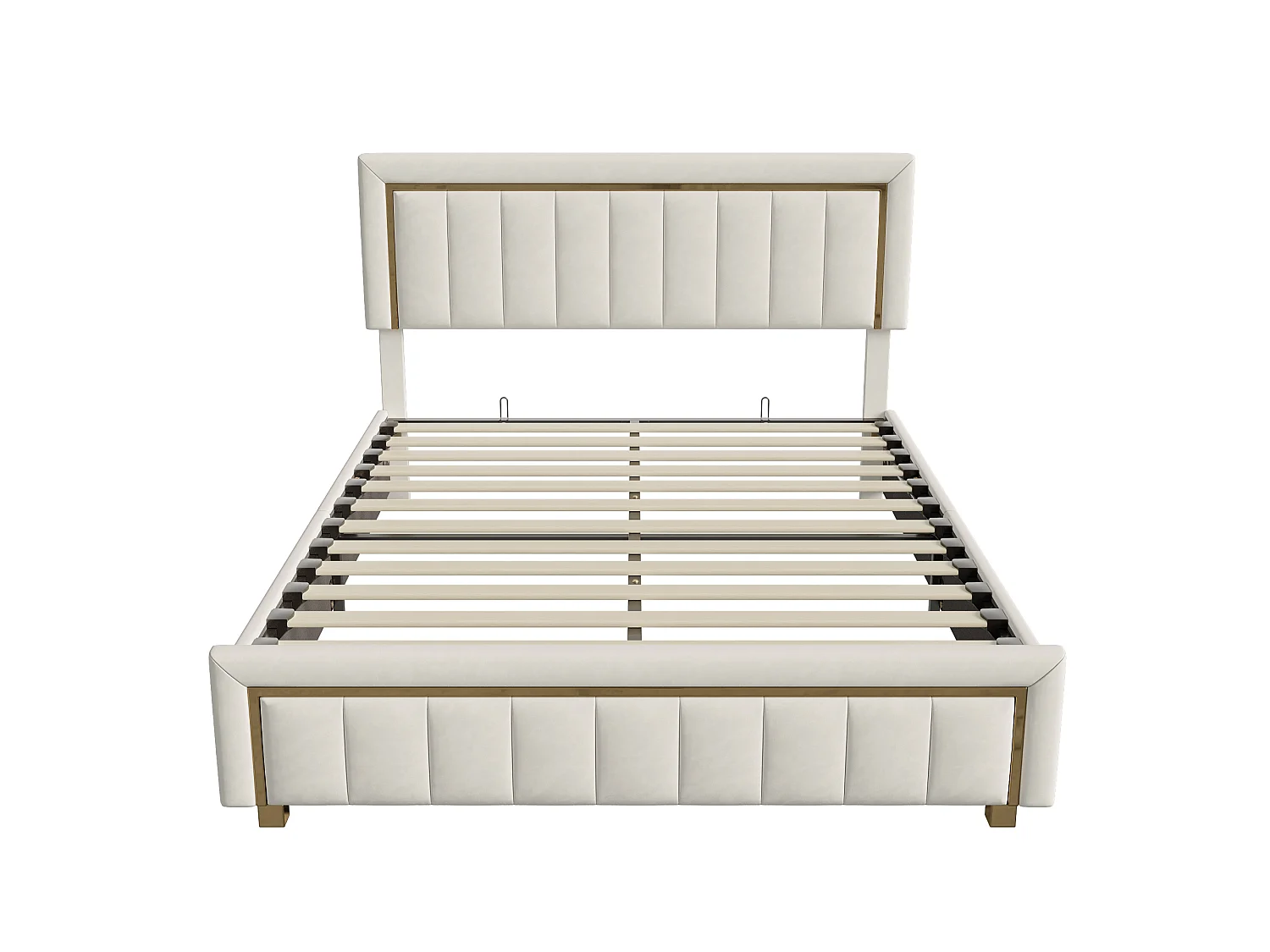 Opbergbed 160x200 cm beige fluweel met lattenbodem, gestoffeerd hoofdbord en gouden metalen frame, Scandinavische stijl
