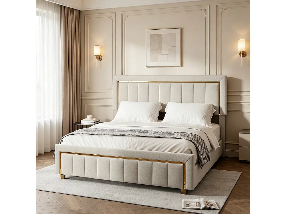 Opbergbed 160x200 cm beige fluweel met lattenbodem, gestoffeerd hoofdbord en gouden metalen frame, Scandinavische stijl