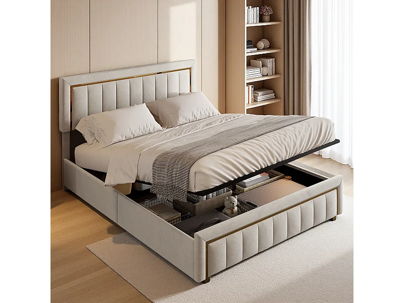 Lit 160x200 cm - Lit 2 personnes - Lit coffre 160x200 cm avec sommier - Tête de lit rembourre - Coffre de rangement - Velours Beige