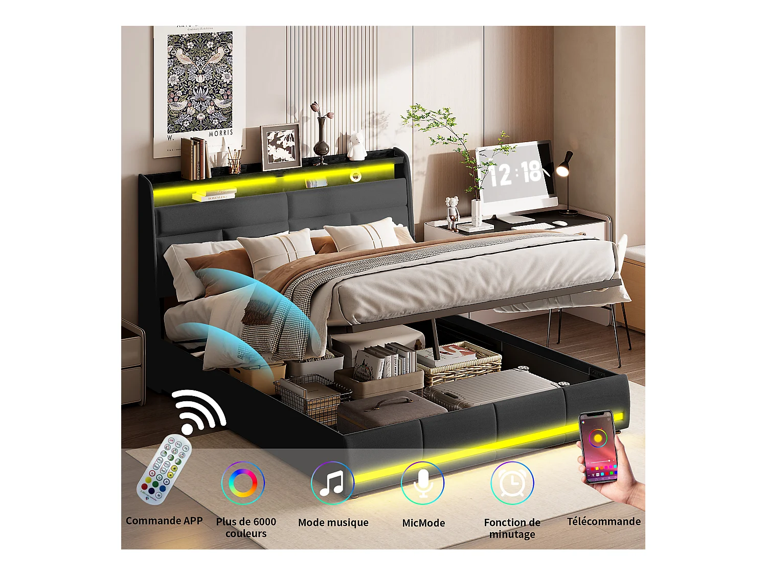 Lit coffre 140x190 cm - avec éclairage LED et hydraulique - Lit double 140x190 cm - Sommier inclus - Coffre de rangement - PU Noir