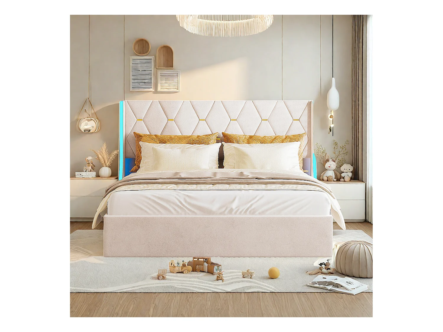 Lit 140x190 cm, Lit coffre 140x190 cm, Lit adulte LED et Coffre de rangement, Sommier inclus, Tissu en velours, Beige