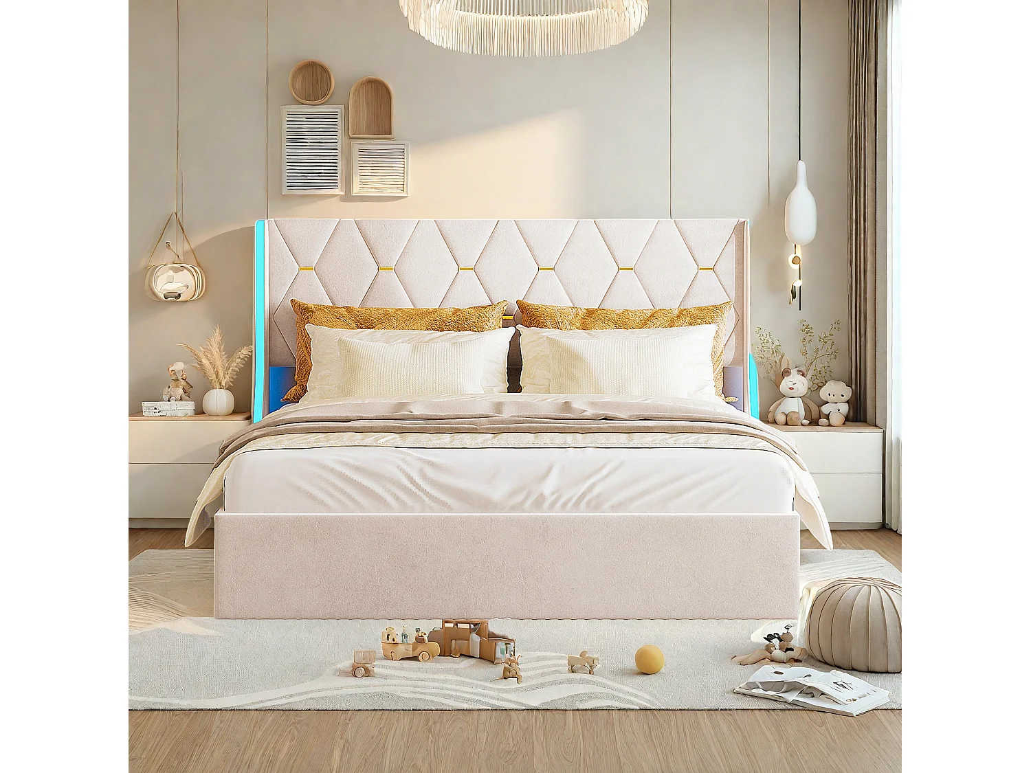 Cama de Armazenamento LED em Veludo Bege 140x190 cm com USB, Estilo Escandinavo, Estrutura Estável