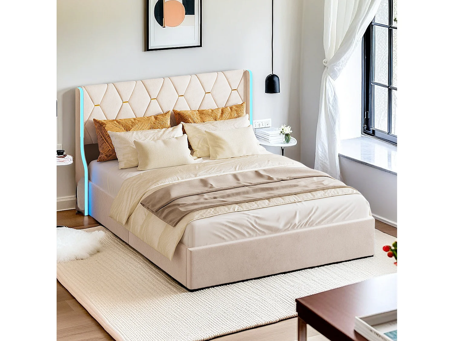 Cama de Armazenamento LED em Veludo Bege 140x190 cm com USB, Estilo Escandinavo, Estrutura Estável