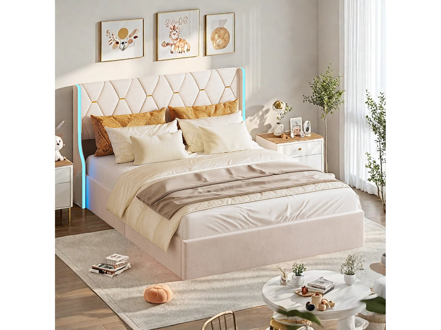 Cama de Armazenamento LED em Veludo Bege 140x190 cm com USB, Estilo Escandinavo, Estrutura Estável