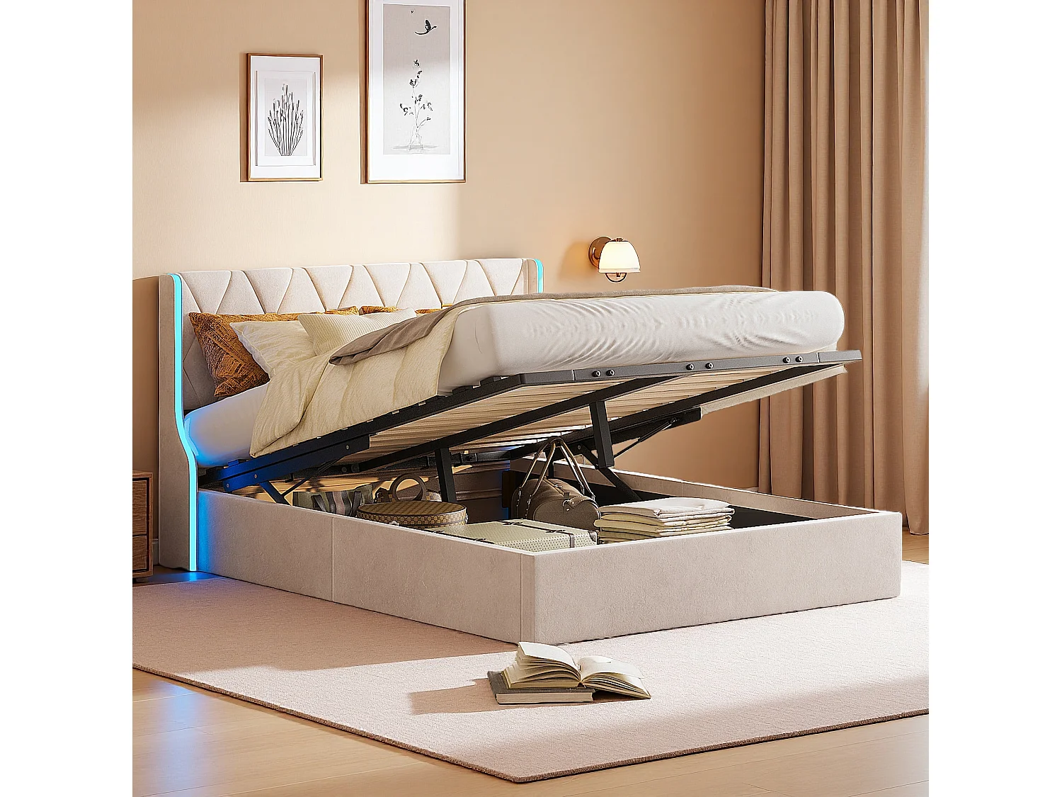 Cama de Armazenamento LED em Veludo Bege 140x190 cm com USB, Estilo Escandinavo, Estrutura Estável