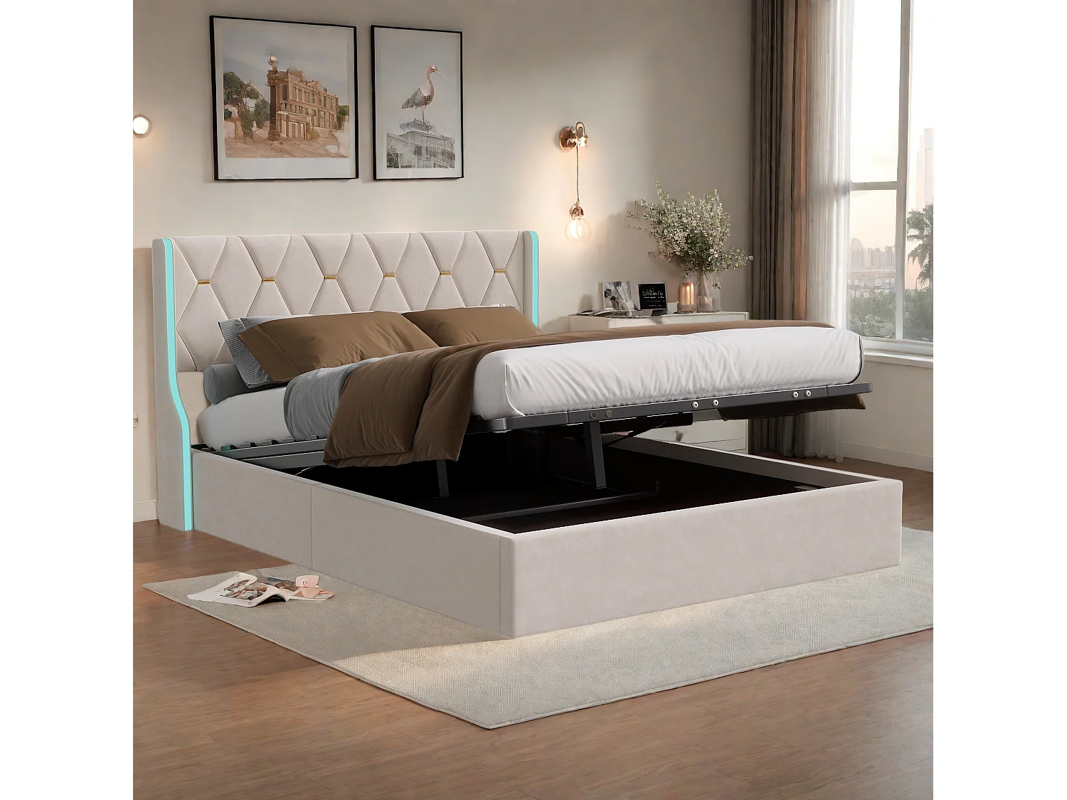 Cama de Armazenamento LED em Veludo Bege 140x190 cm com USB, Estilo Escandinavo, Estrutura Estável