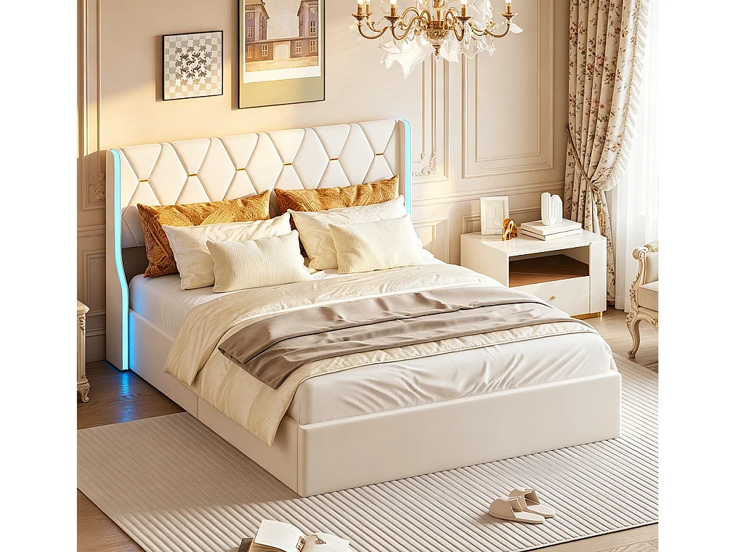 Beige Sammet LED Förvaringssäng 140x190 cm med USB, Skandinavisk Stil, Stabil Struktur