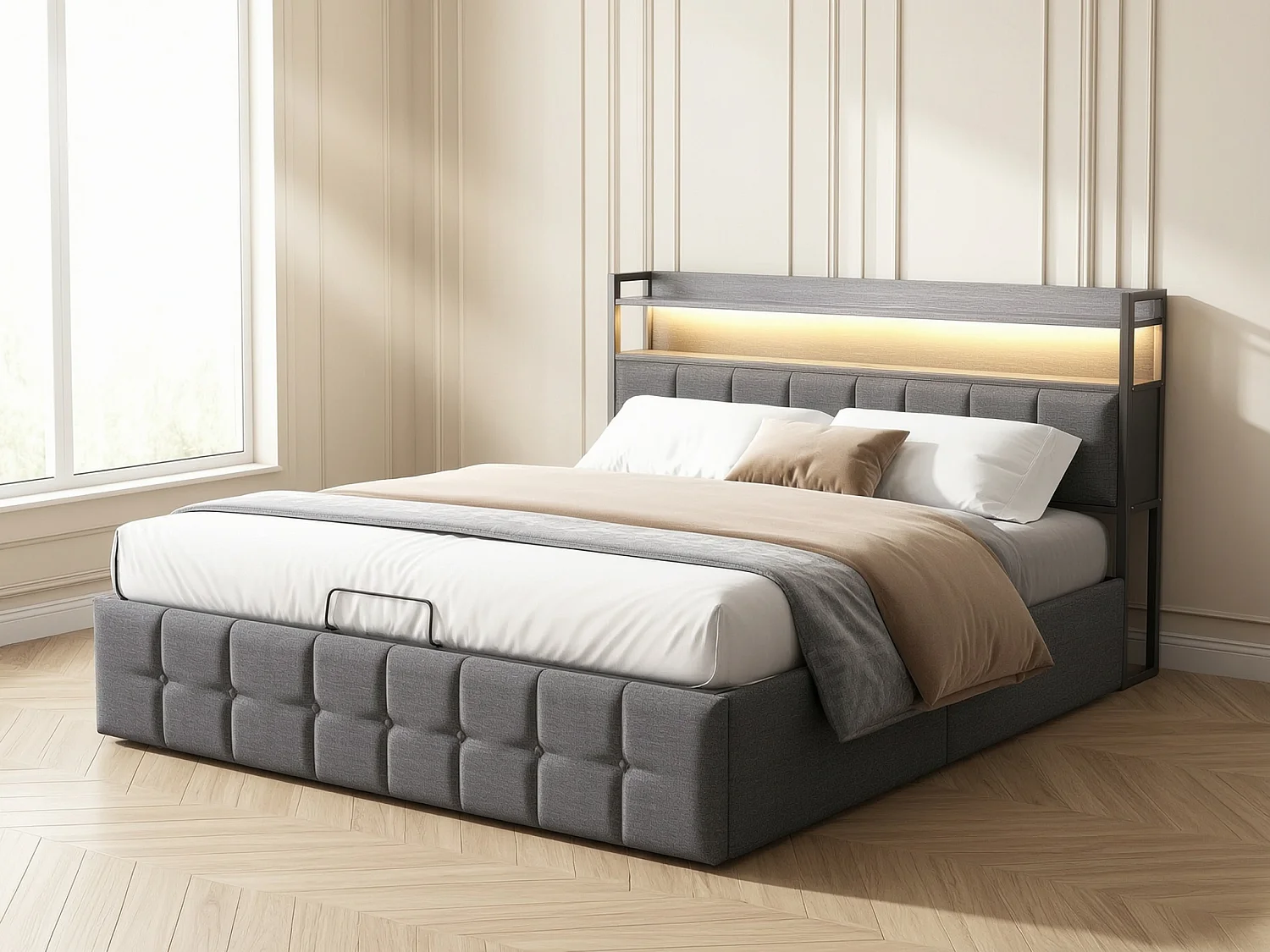 Lit adulte 160x200 cm avec sommier à lattes et LED -  hydraulique rangement - linge - gris