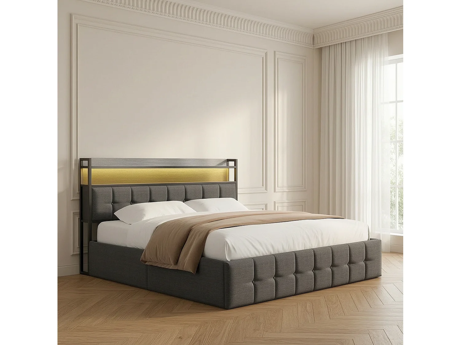 Lit adulte 160x200 cm avec sommier à lattes et LED -  hydraulique rangement - linge - gris