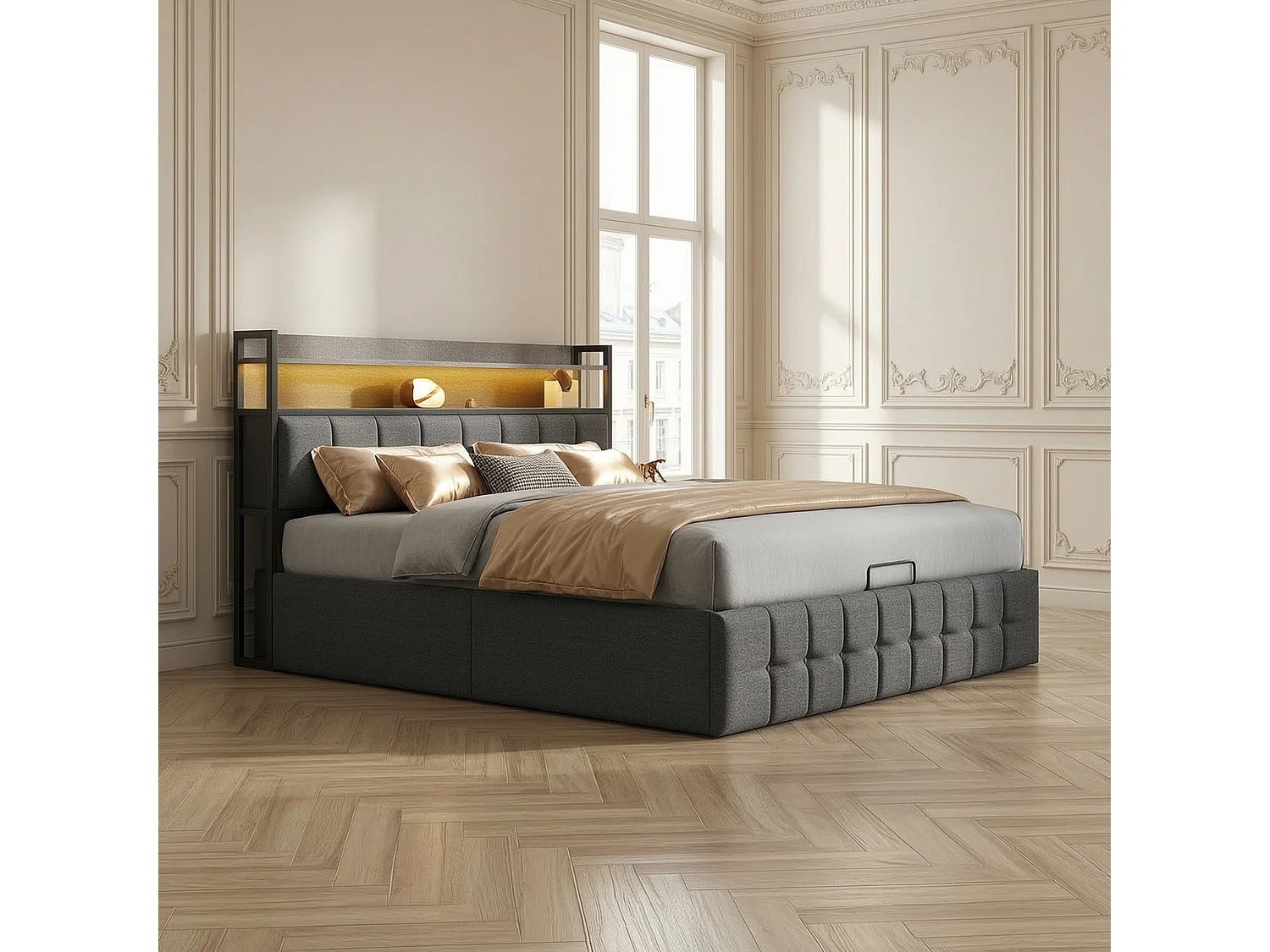 Lit adulte 160x200 cm avec sommier à lattes et LED -  hydraulique rangement - linge - gris