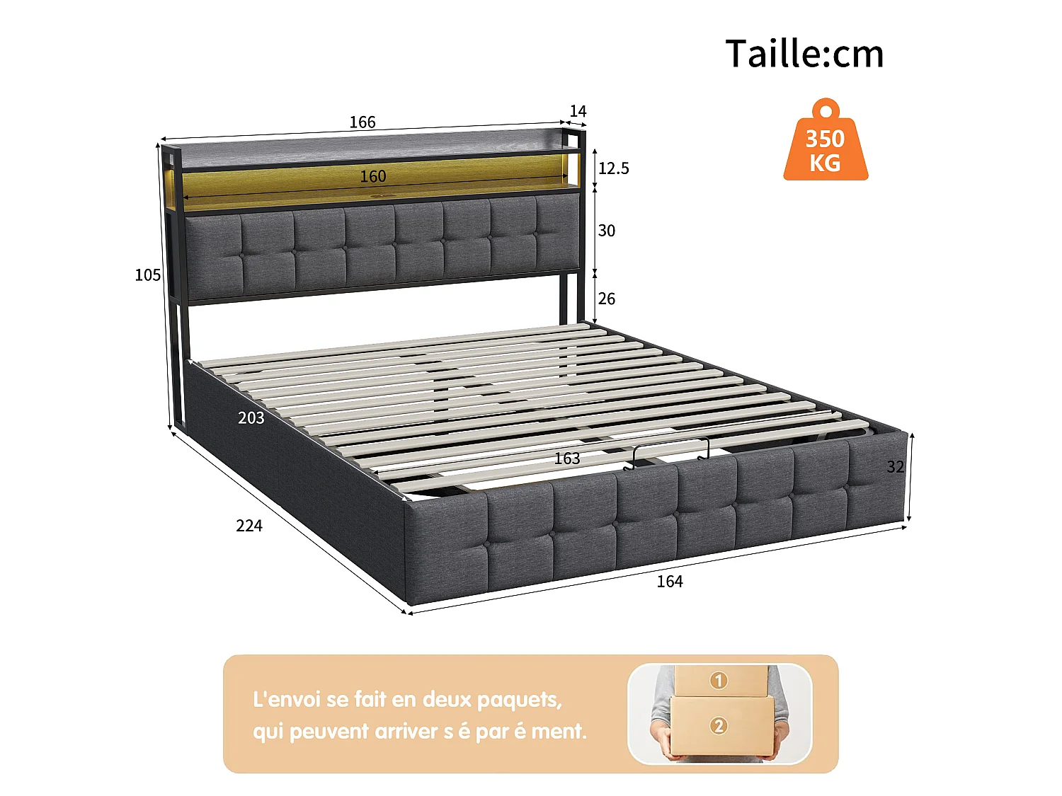 Lit adulte 160x200 cm avec sommier à lattes et LED -  hydraulique rangement - linge - gris