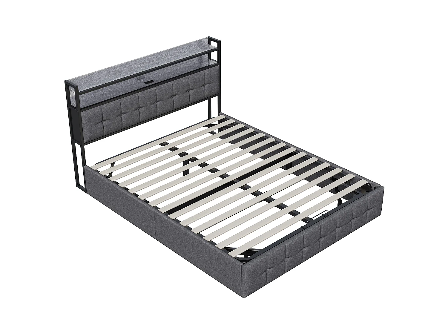 Lit adulte 160x200 cm avec sommier à lattes et LED -  hydraulique rangement - linge - gris