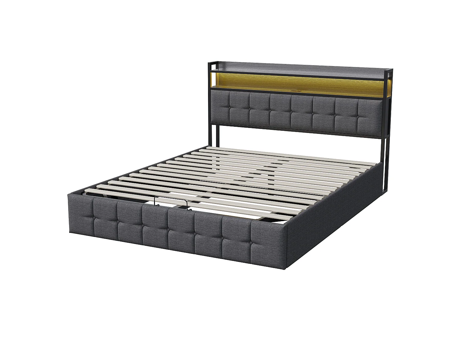 Lit adulte 160x200 cm avec sommier à lattes et LED -  hydraulique rangement - linge - gris