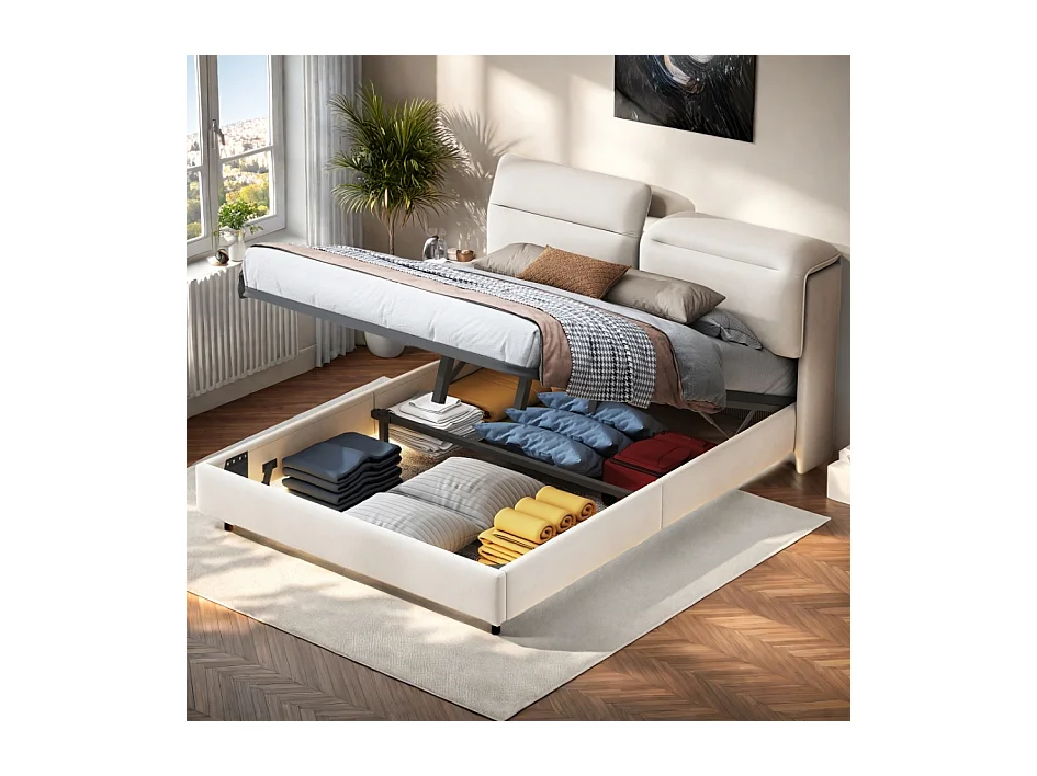 Lit coffre 160x200 cm - avec LED et coffre de rangement - Tête de lit pliable - Lit double 160x200 cm - Sommier à lattes - Beige