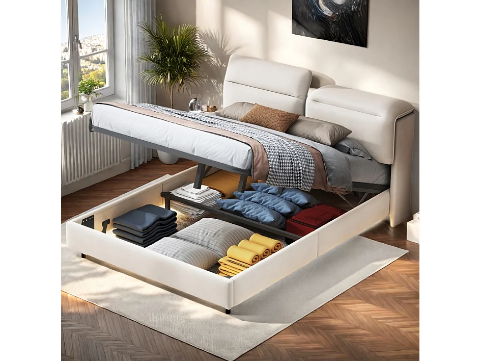 Lit coffre 160x200 cm - avec LED et coffre de rangement - Tête de lit pliable - Lit double 160x200 cm - Sommier à lattes - Beige