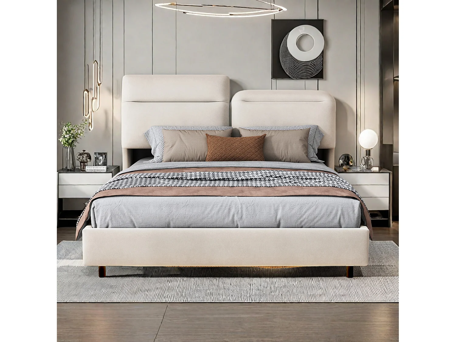 Lit coffre 160x200 cm - avec LED et coffre de rangement - Tête de lit pliable - Lit double 160x200 cm - Sommier à lattes - Beige