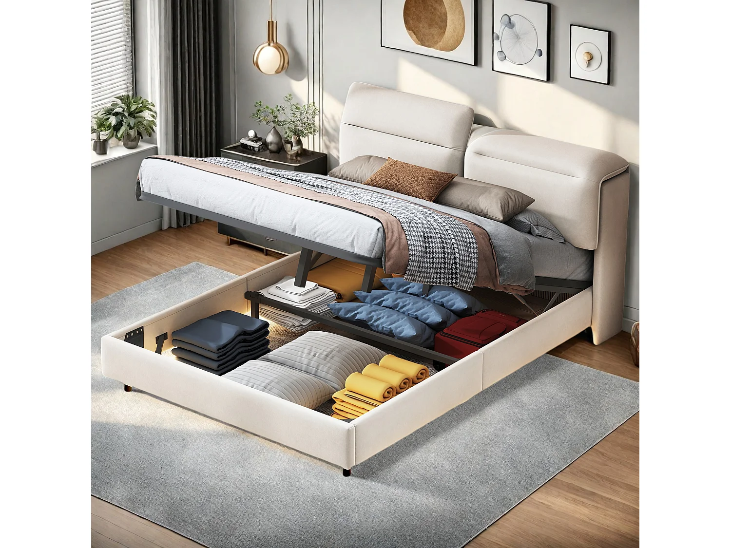 Lit coffre 160x200 cm - avec LED et coffre de rangement - Tête de lit pliable - Lit double 160x200 cm - Sommier à lattes - Beige