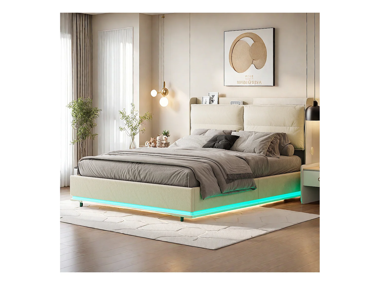 Lit coffre adulte 160x200 cm - Lit adulte 160x200 cm avec LED+USB - Sommier inclus - Lit double 160x200 cm - Coffre de lit - Beige