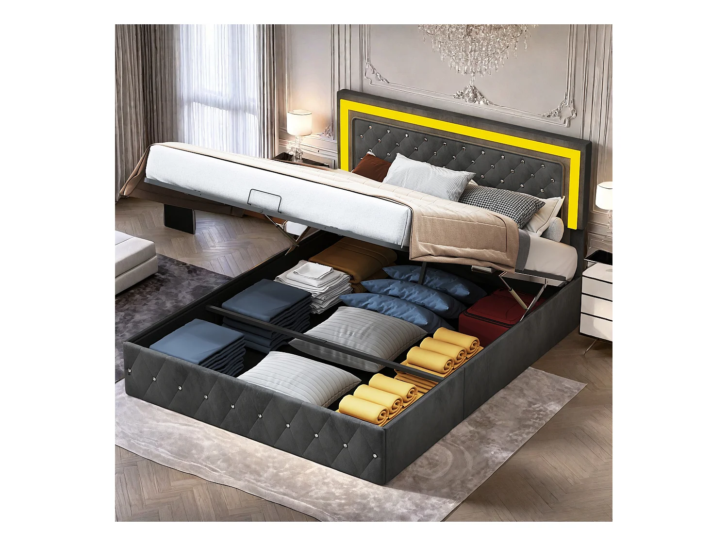 Lit coffre 140x200 cm avec sommier - Lit hydraulique LED - Lit double 140x200 cm - Réglable en hauteur - 2 personnes - Velours Noir
