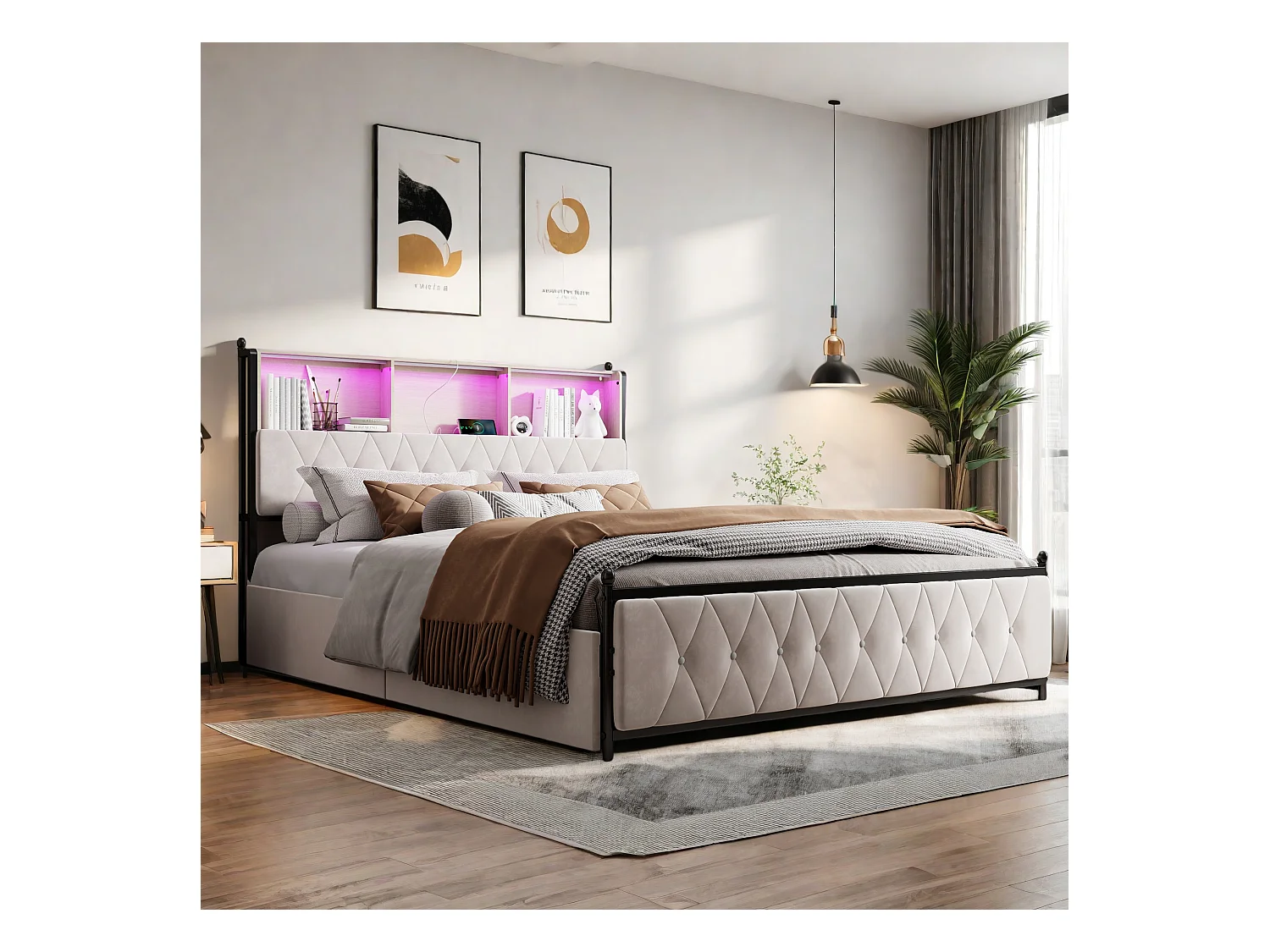 Lit double 160x200 cm, Lit coffre 160x200 cm, Lit capitonné avec rangement 160x200 cm, Tête de lit avec LED et 4 tiroirs, Velours Beige