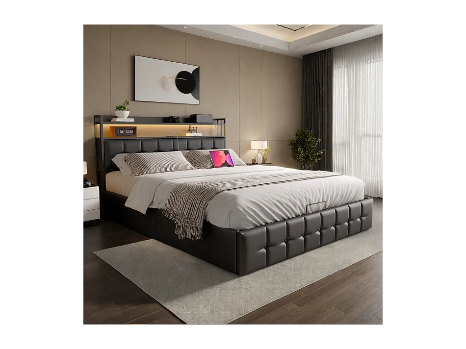 Lit coffre 160 x 200 cm - Lit double 160x200 cm en metal avec port USB+Eclairage LED- Sommier inclus - PU Noir - Sans matelas