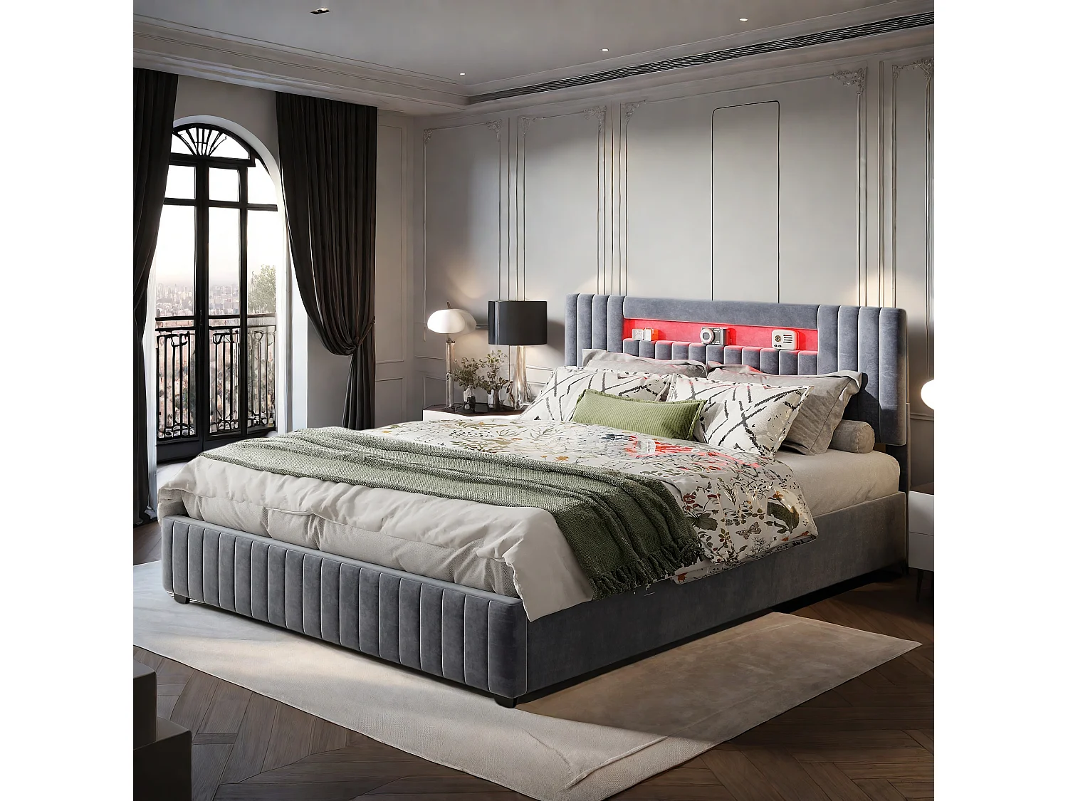 Letto contenitore per adulti 160x200 cm velluto grigio con LED multicolore, contenitore con pistone, stile scandinavo, senza materasso