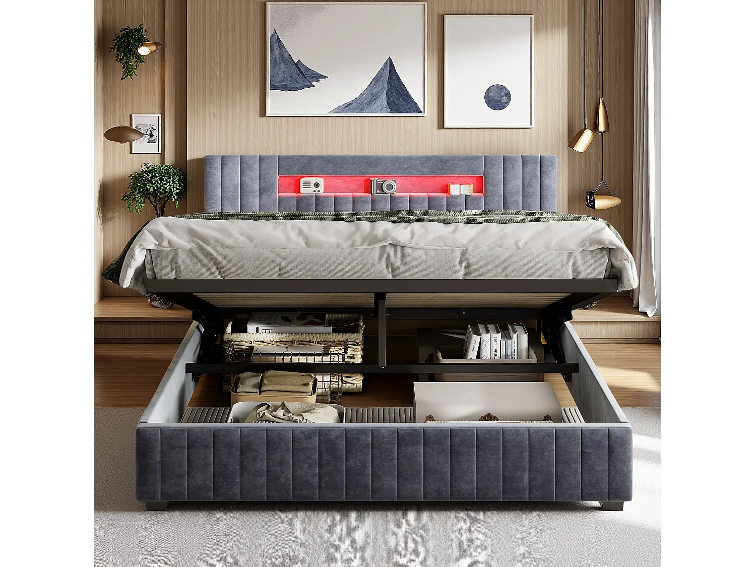 Letto contenitore per adulti 160x200 cm velluto grigio con LED multicolore, contenitore con pistone, stile scandinavo, senza materasso