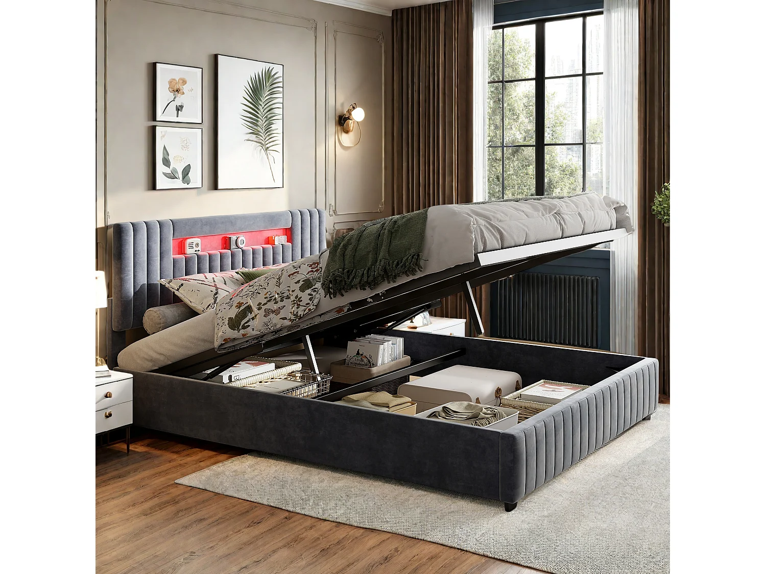 Letto contenitore per adulti 160x200 cm velluto grigio con LED multicolore, contenitore con pistone, stile scandinavo, senza materasso