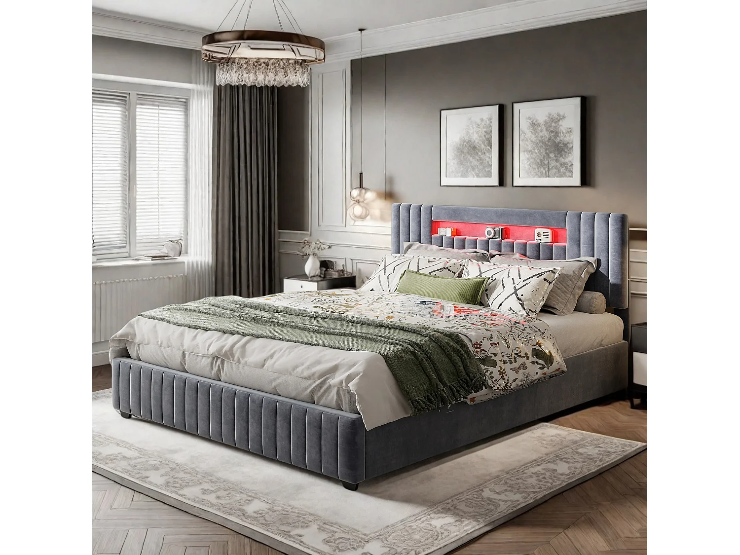 Letto contenitore per adulti 160x200 cm velluto grigio con LED multicolore, contenitore con pistone, stile scandinavo, senza materasso