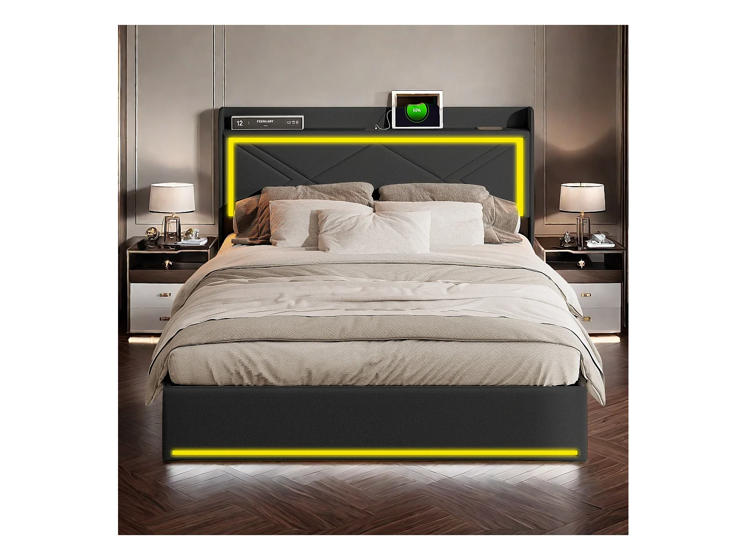 Lit double 140x200 cm, Lit coffre 140x200 cm avec LED, USB et Type C, Cadre de lit 140x200 cm, Espace de rangement, 2 personne, PU Noir