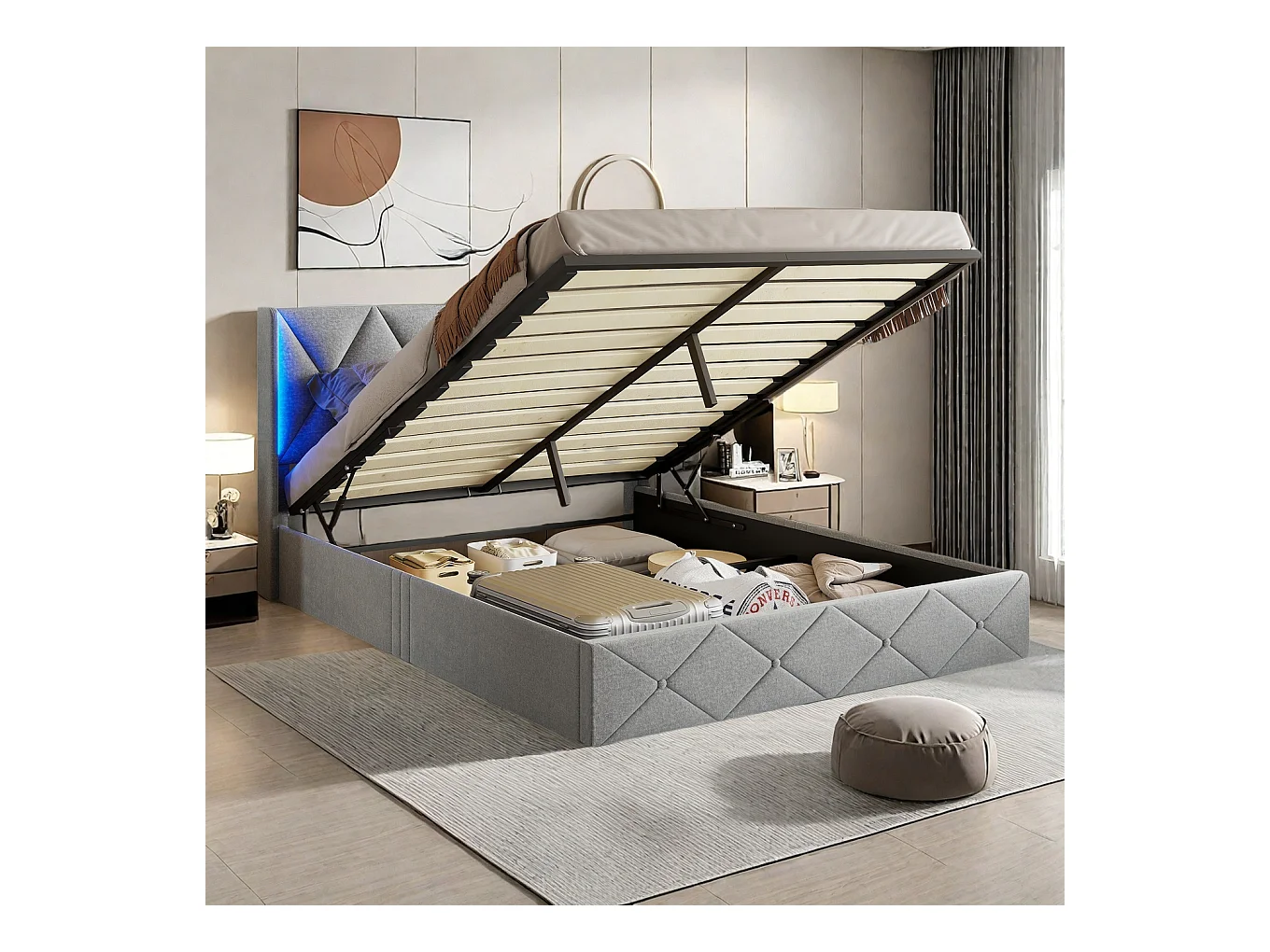 Lit coffre 140x200 cm avec sommier, Avec éclairage LED, Lit double avec Rangement, Tête de lit rembourrée, Tissu velours, Gris
