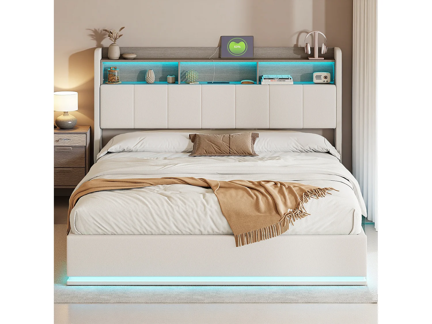 Lit adulte 160x200 cm, Lit 160x200 cm avec espace de rangement, USB et Type C, LED, Lit coffre 160x200cm, Tissu en velours, Blanc