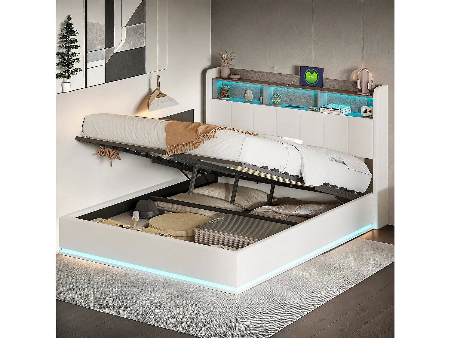 Lit adulte 160x200 cm, Lit 160x200 cm avec espace de rangement, USB et Type C, LED, Lit coffre 160x200cm, Tissu en velours, Blanc