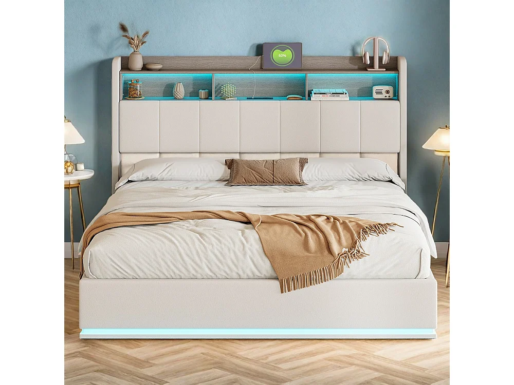 Cama de Armazenamento LED Moderna 160x200cm com USB, Tipo C, Tecido de Veludo, Branco - Estilo Escandinavo