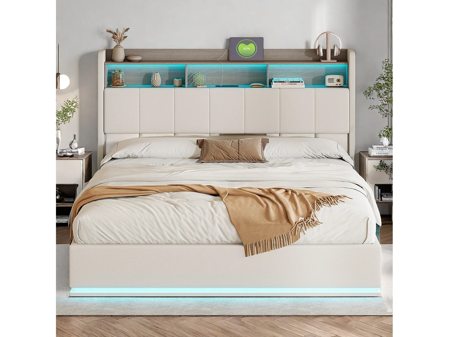 Cama de Armazenamento LED Moderna 160x200cm com USB, Tipo C, Tecido de Veludo, Branco - Estilo Escandinavo