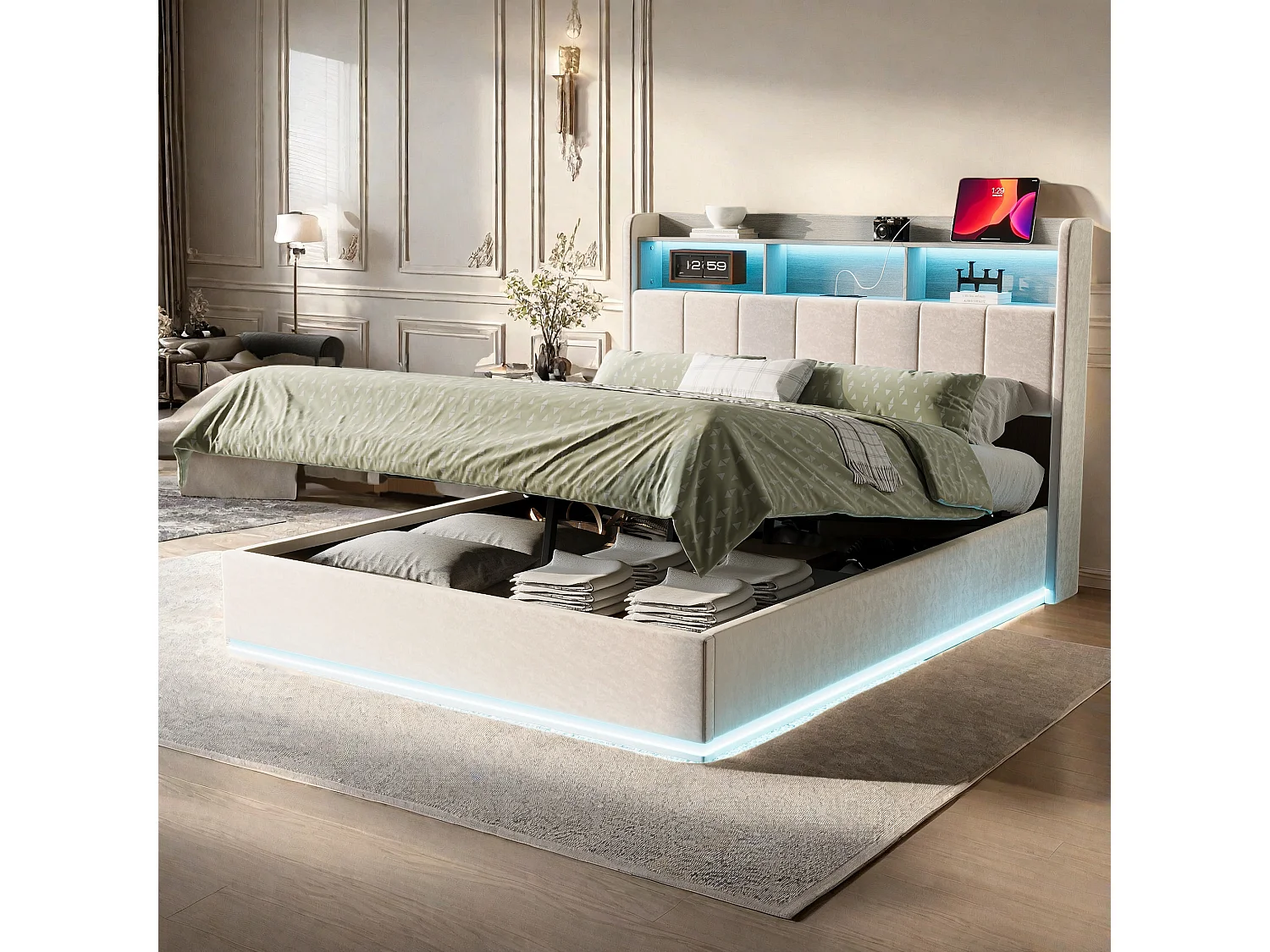Cama de Armazenamento LED Moderna 160x200cm com USB, Tipo C, Tecido de Veludo, Branco - Estilo Escandinavo