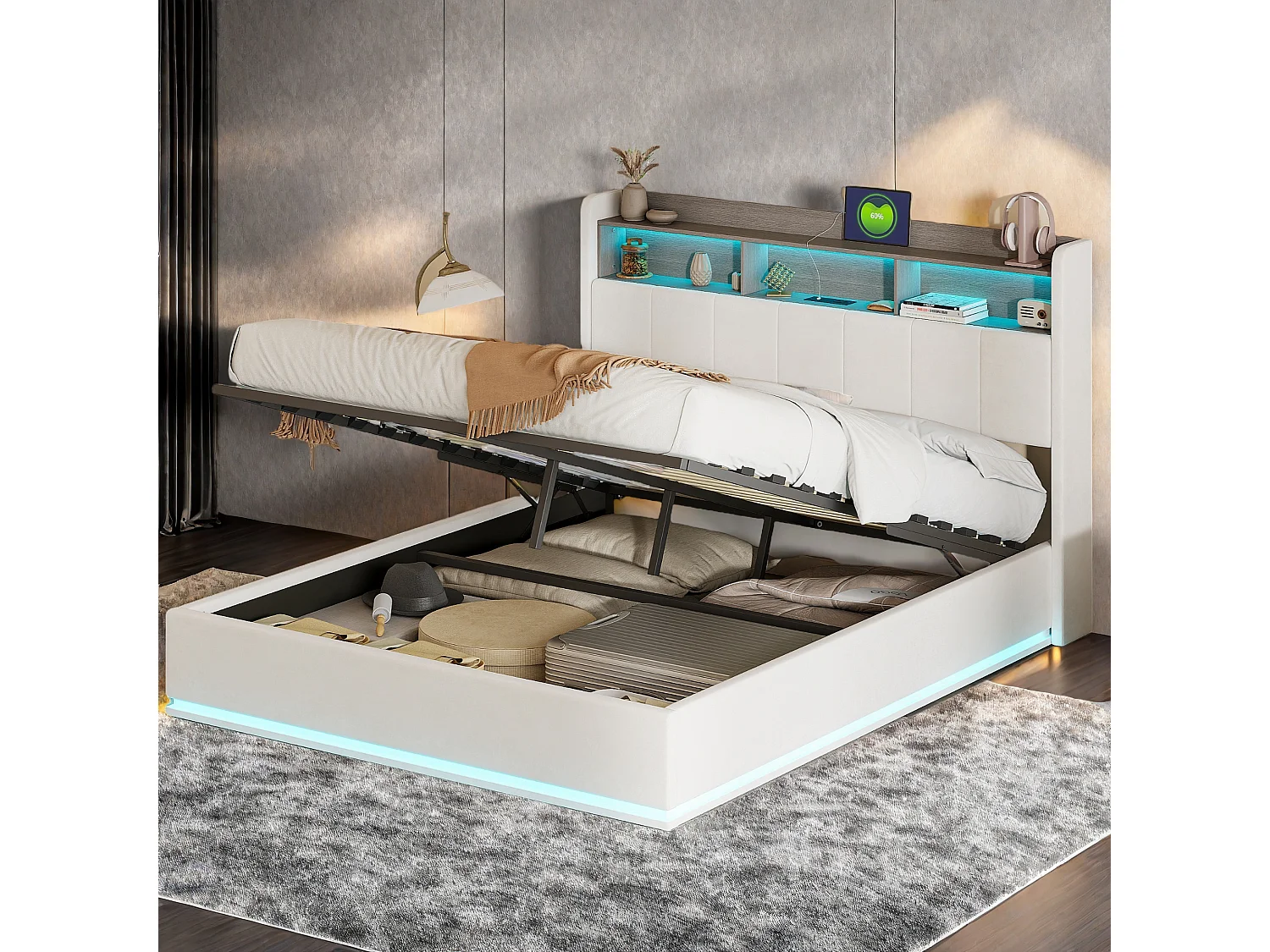 Cama de Armazenamento LED Moderna 160x200cm com USB, Tipo C, Tecido de Veludo, Branco - Estilo Escandinavo