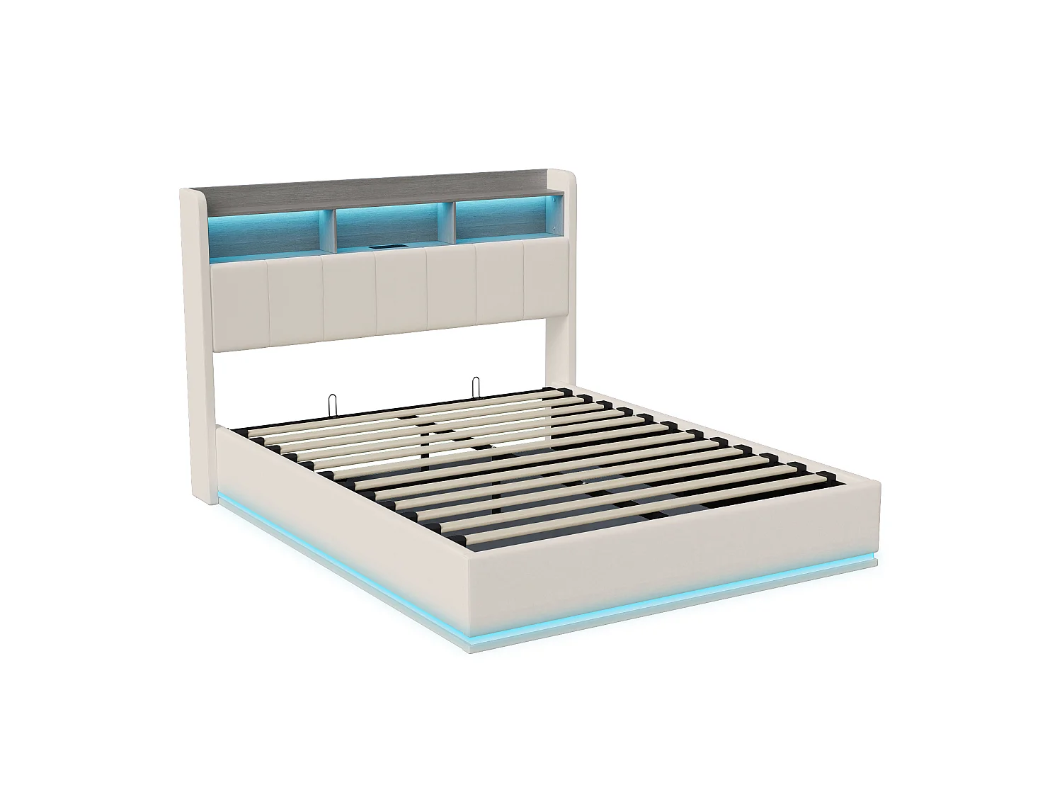 Cama de Armazenamento LED Moderna 160x200cm com USB, Tipo C, Tecido de Veludo, Branco - Estilo Escandinavo