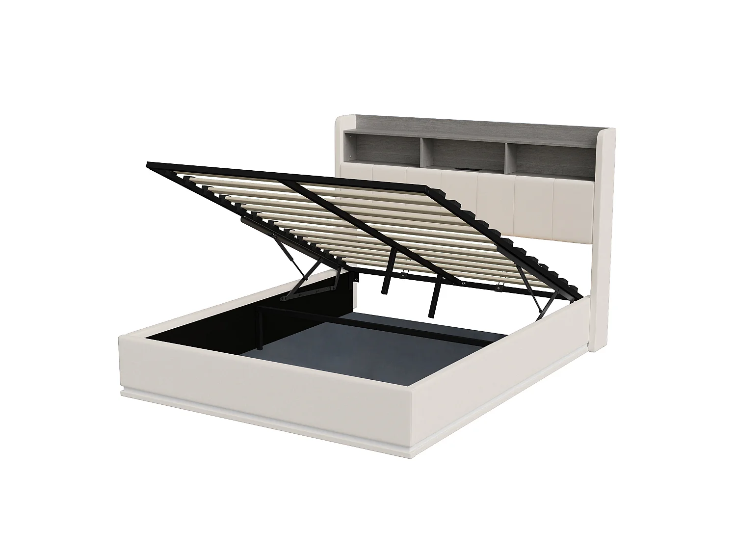 Cama de Armazenamento LED Moderna 160x200cm com USB, Tipo C, Tecido de Veludo, Branco - Estilo Escandinavo