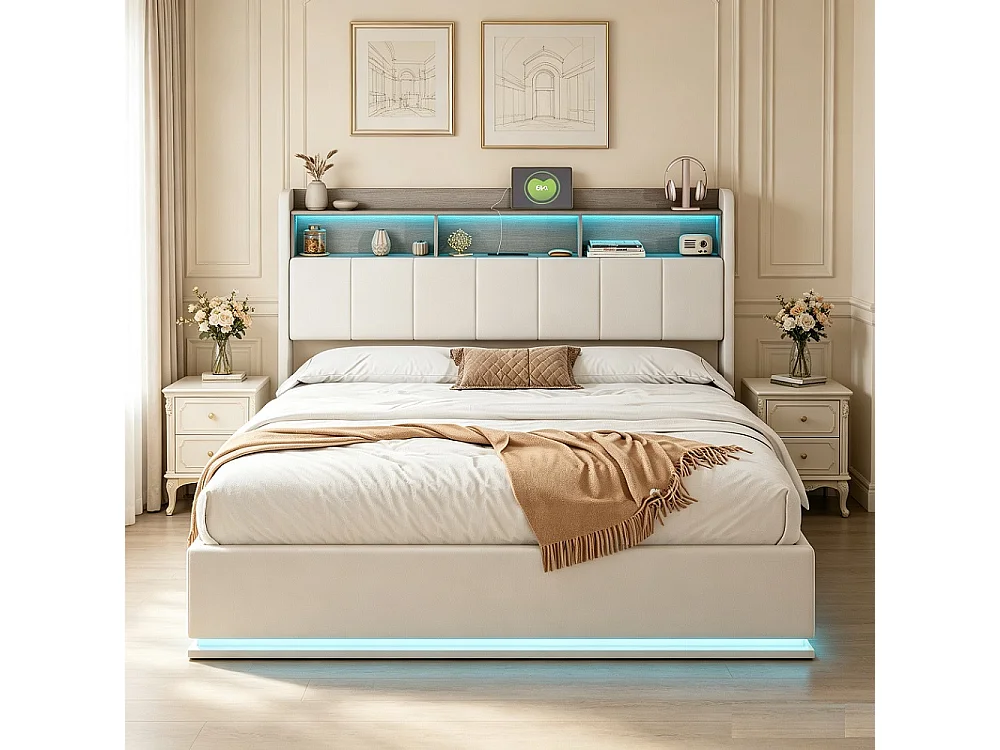 Moderne LED Opbevaringsseng 160x200cm med USB, Type C, Fløjl Stof, Hvid - Skandinavisk Stil